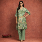 Olive Green Artistic Print Suit Set