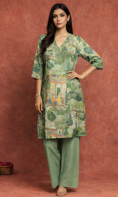 Olive Green Artistic Print Suit Set