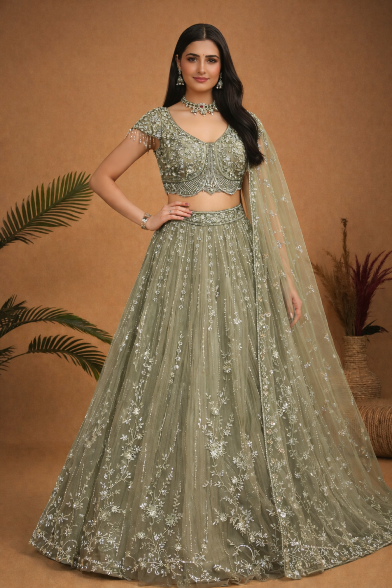 Sage Green Embroidered Lehenga