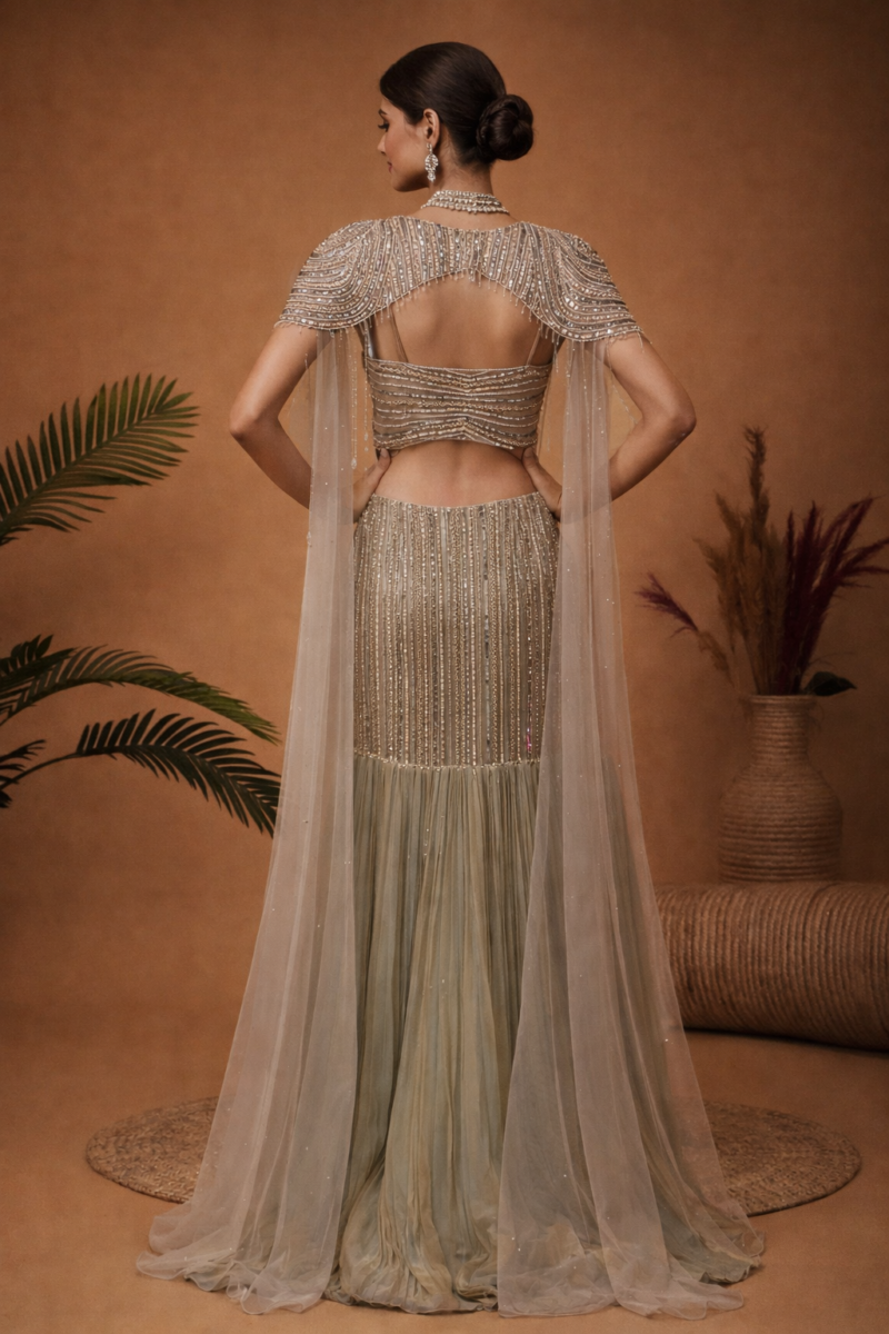 Celestial Embellished Cape Gown