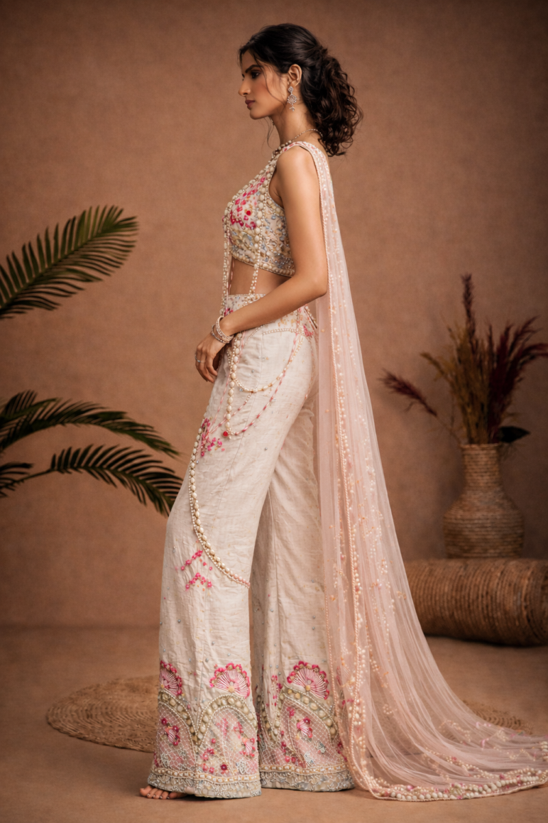 Ivory Floral Peplum Palazzo Set