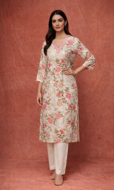 Ivory Pink Floral Suit Set