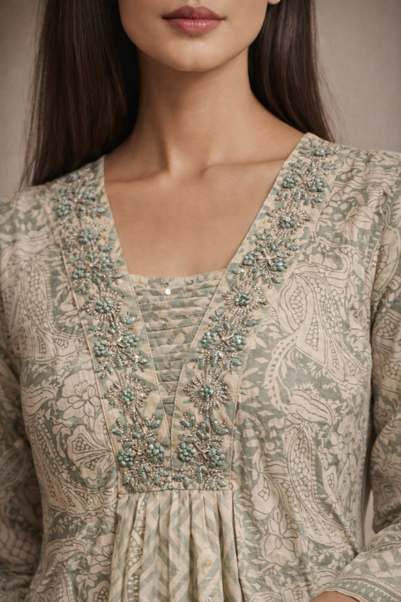 Elegant Floral Cotton A-Line Suit Set