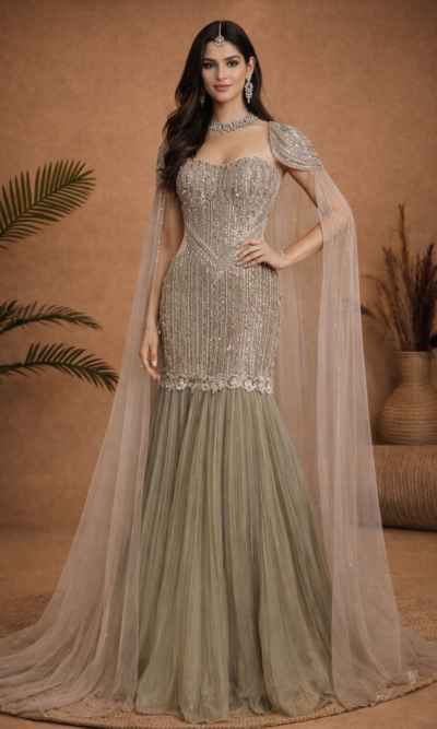 Celestial Embellished Cape Gown