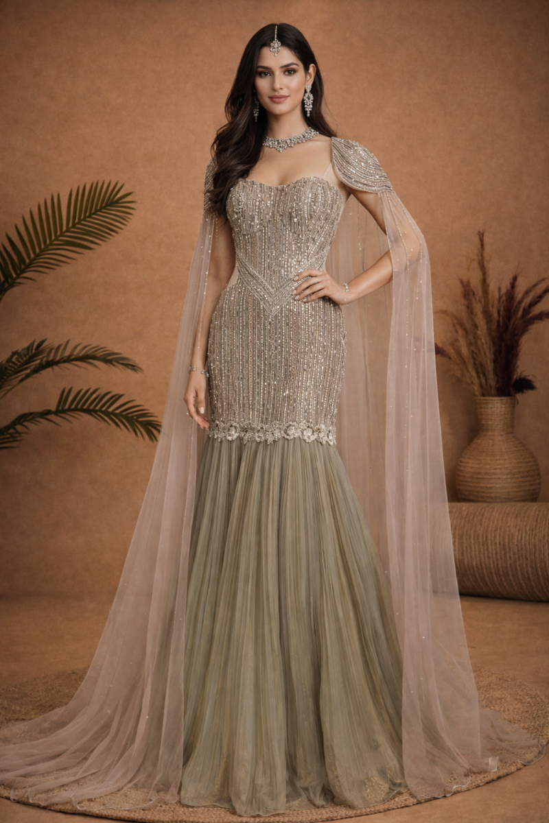 Celestial Embellished Cape Gown
