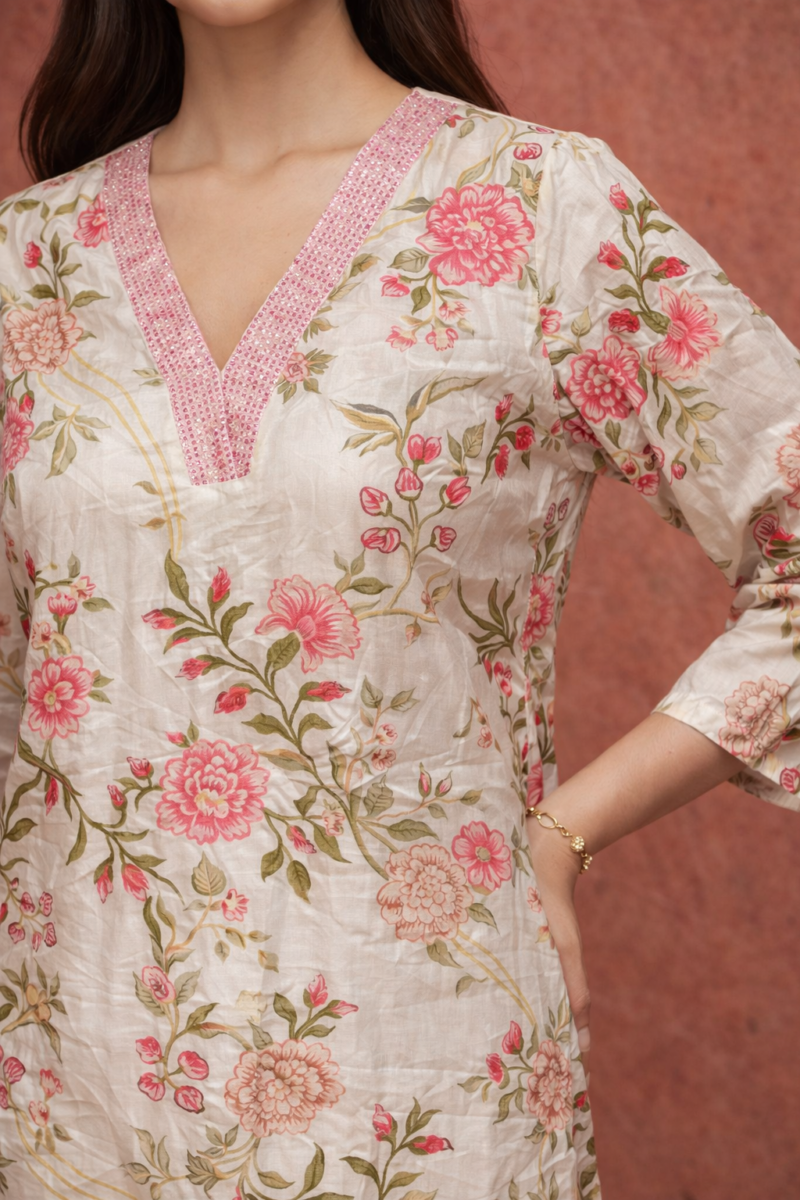 Ivory Pink Floral Suit Set