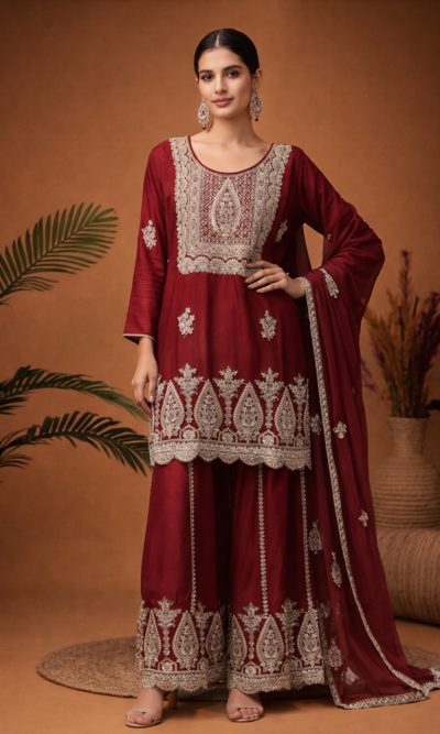Classic Embroidered Mahroon Suit