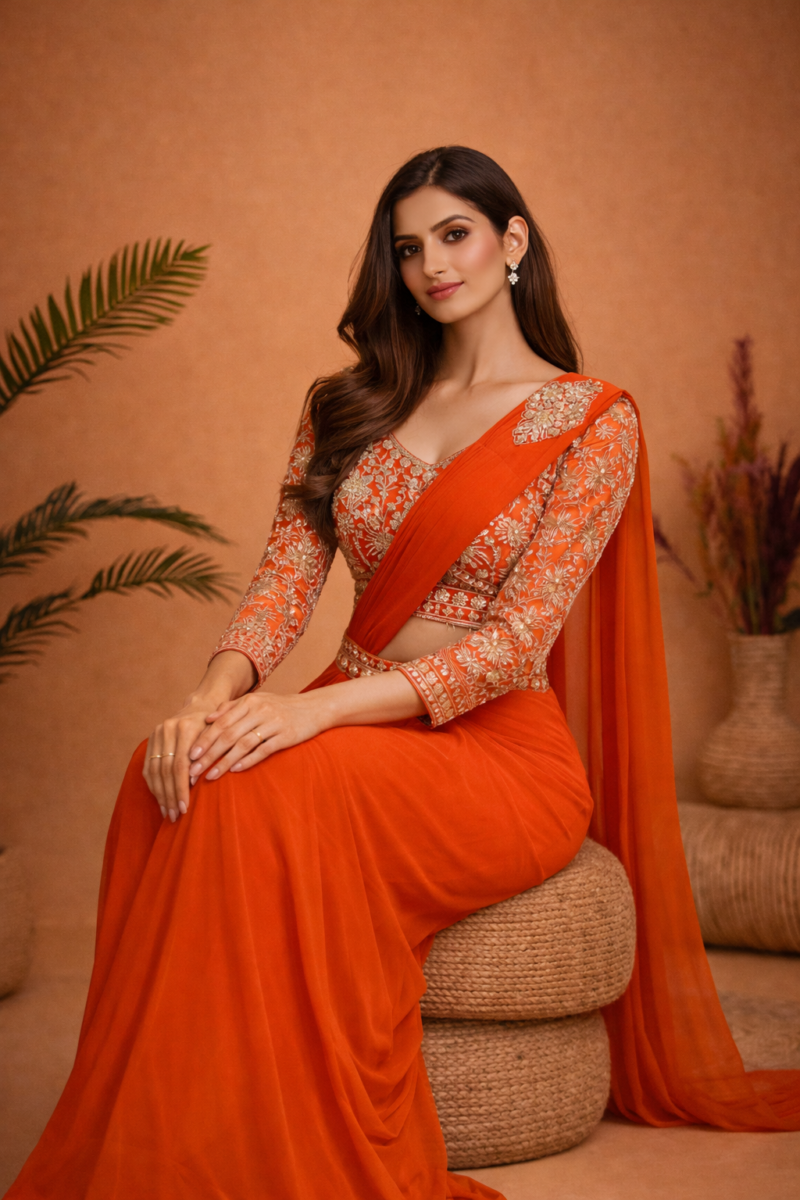 Orange Embroidered Pre Draped Saree