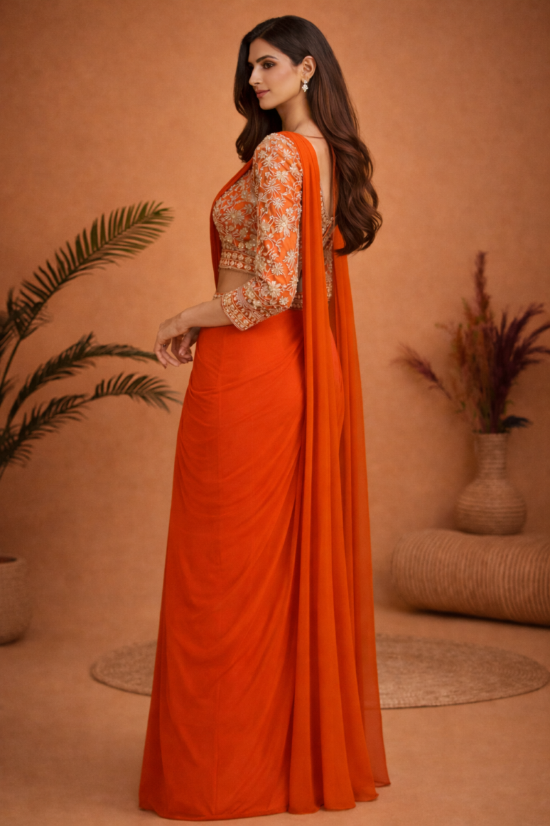 Orange Embroidered Pre Draped Saree