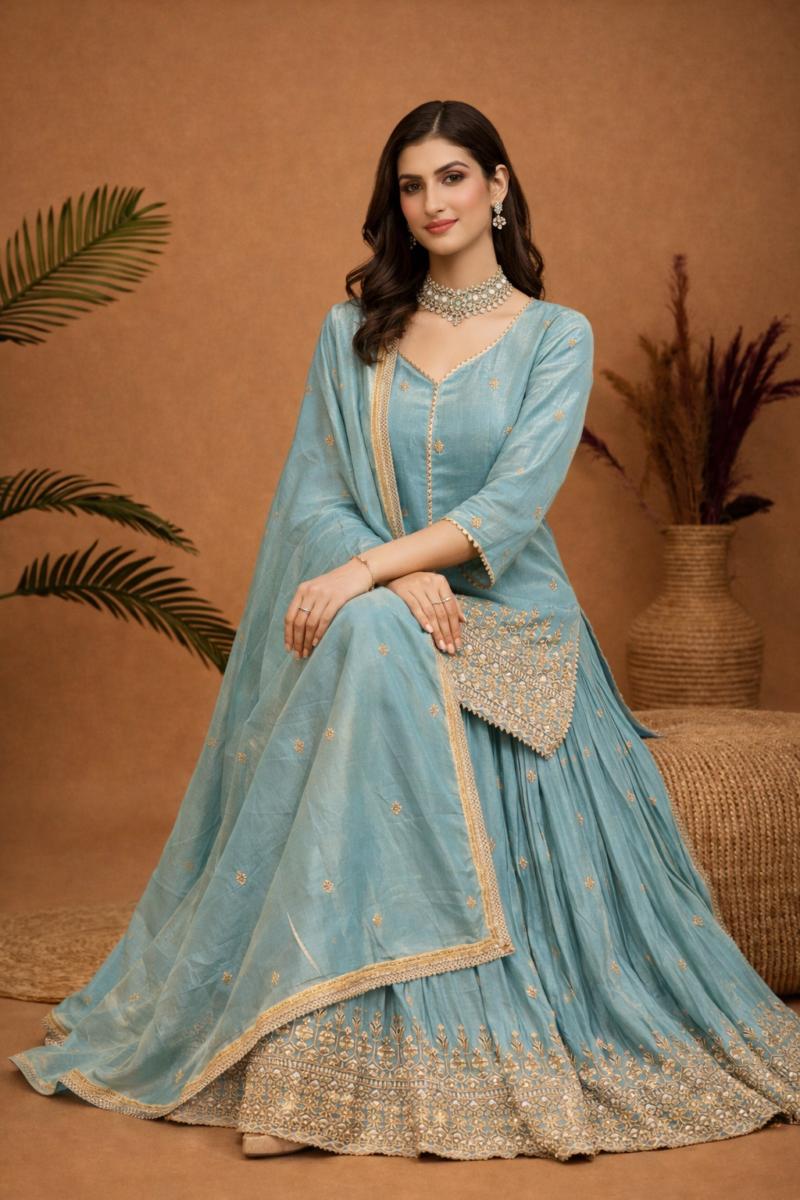 Pastel Embroidered Kurta Sharara Set