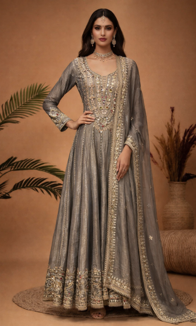 Regal Grey Embroidered Anarkali Set