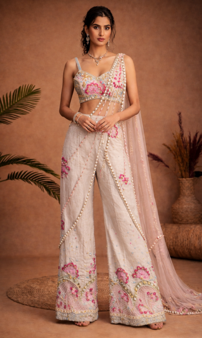 Ivory Floral Peplum Palazzo Set