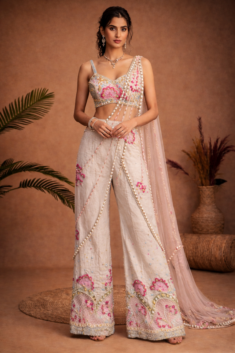 Ivory Floral Peplum Palazzo Set