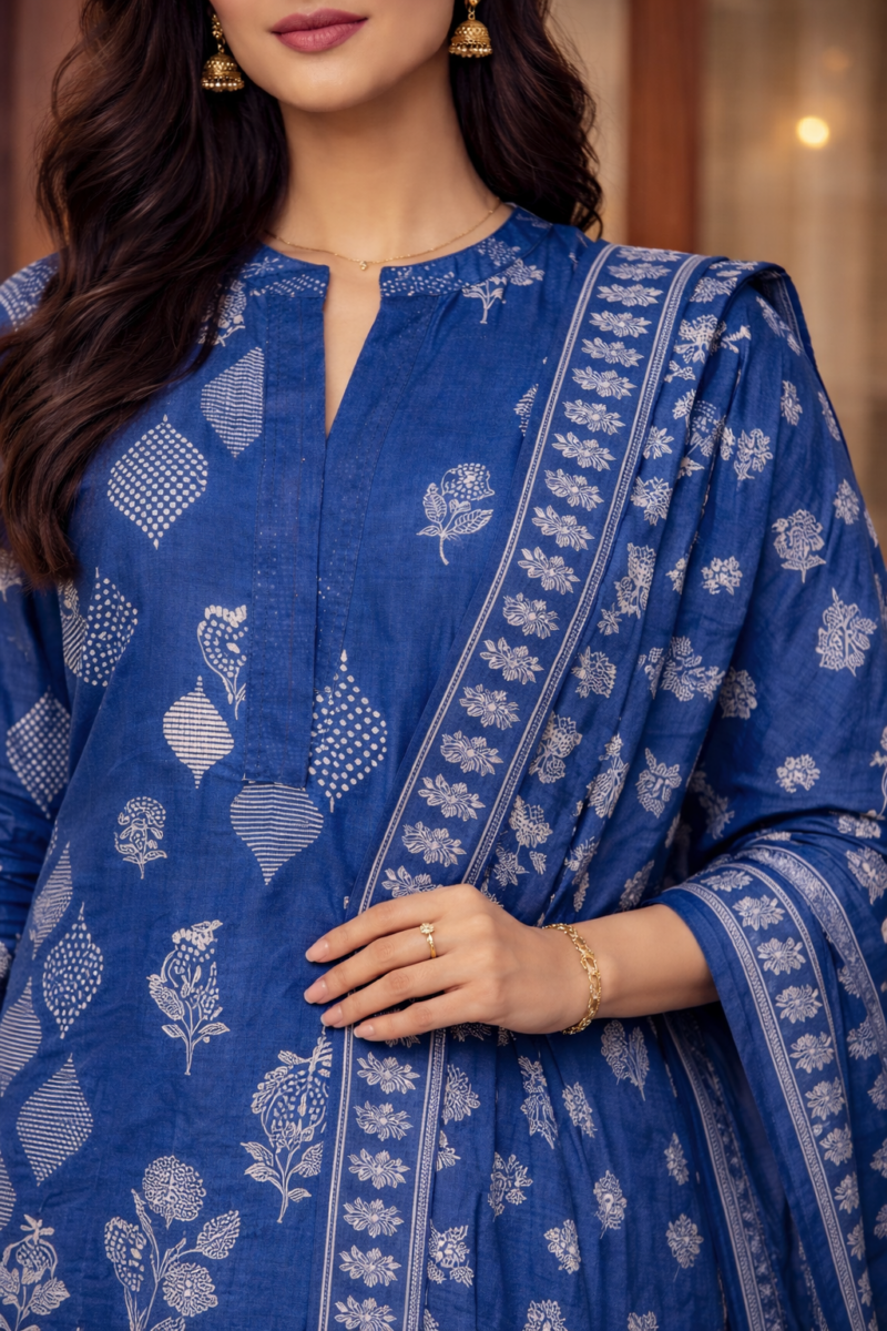 Classic Blue Printed Suit Set