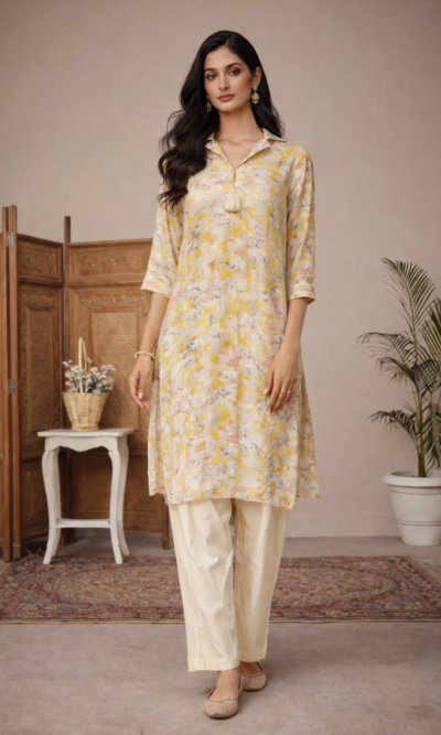 Yellow Floral Masleen Cotton Suit Set