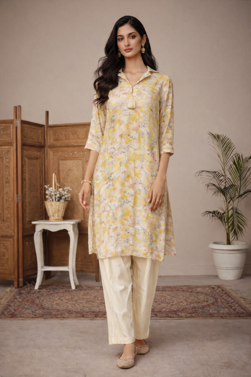 Yellow Floral Masleen Cotton Suit Set