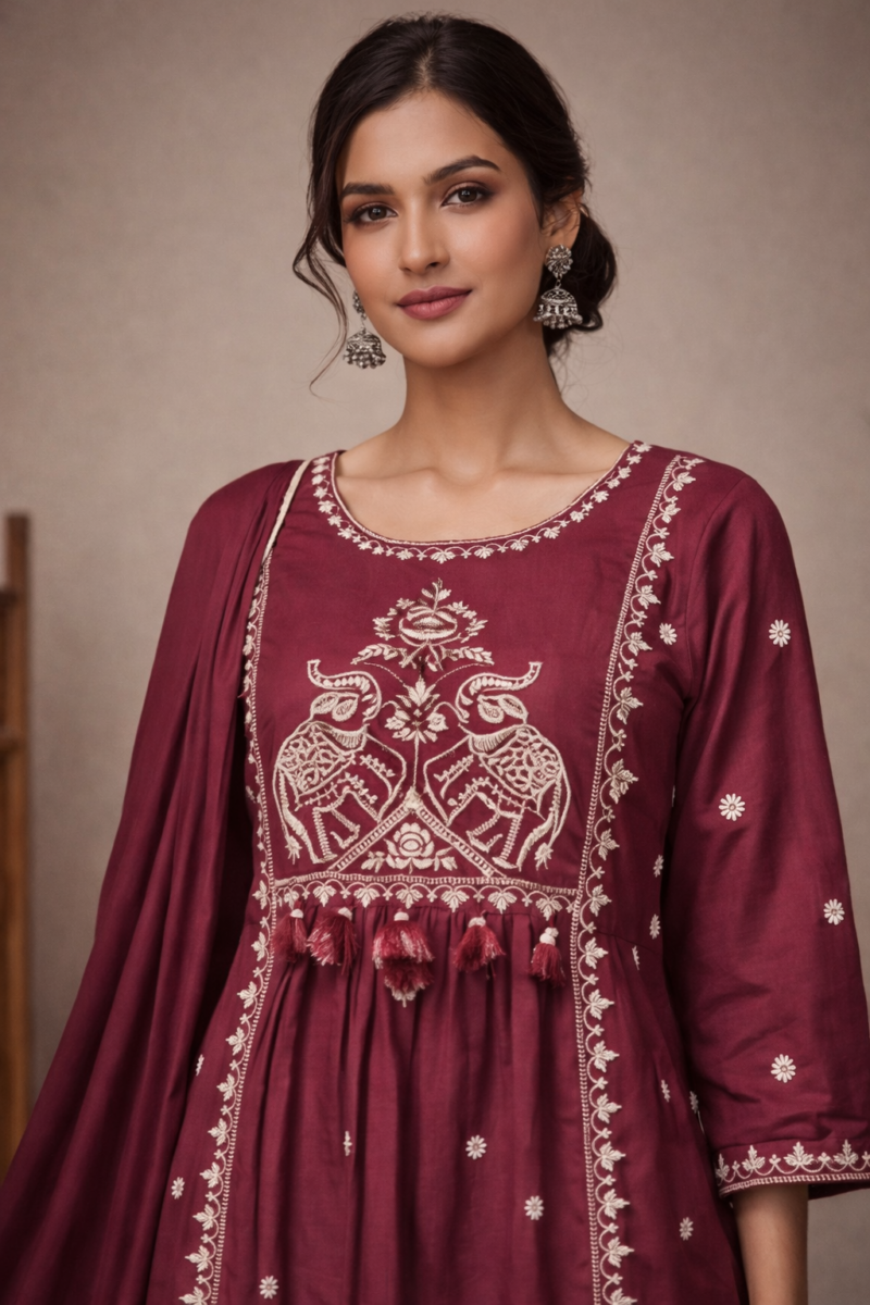 Wine Embroidered  Suit Set