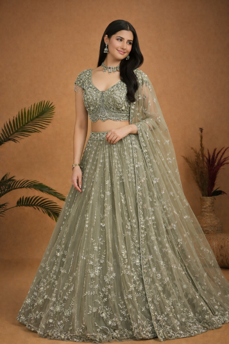 Sage Green Embroidered Lehenga