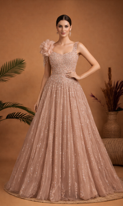 Peach Embellished Ball Gown