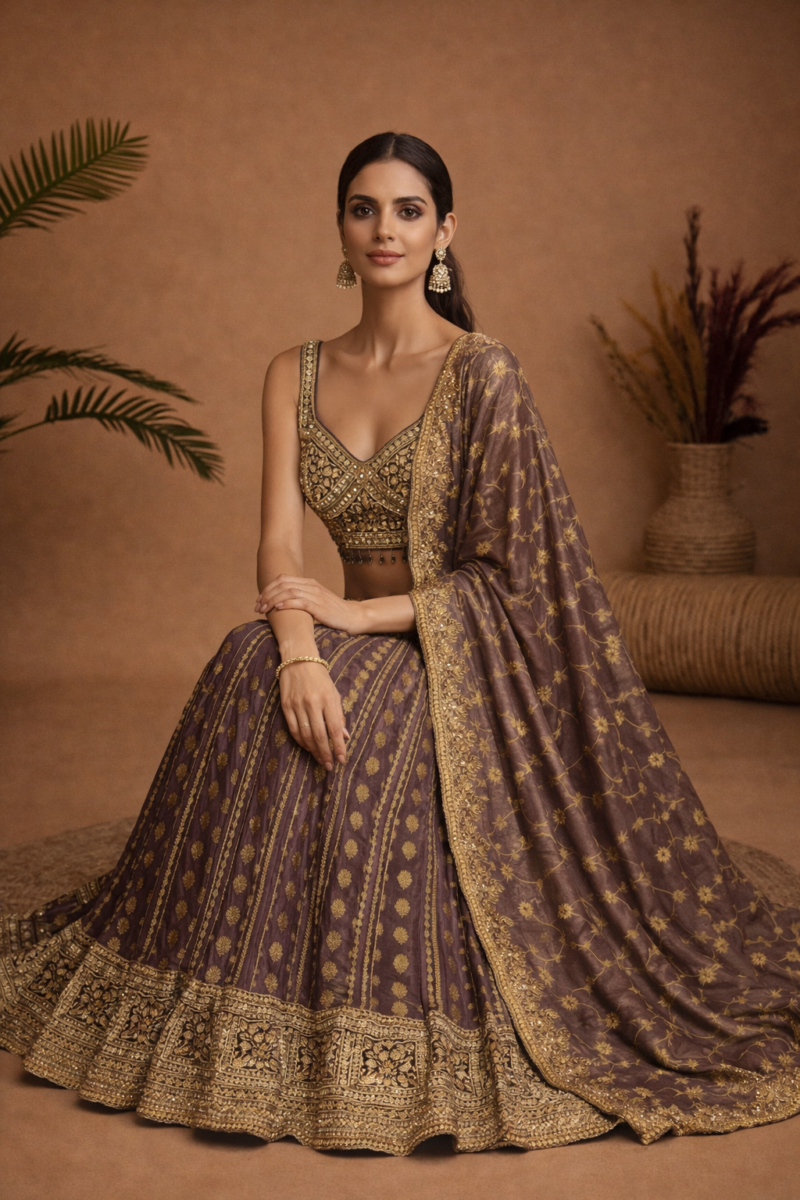 Chocolate Brown Embroidered Lehenga Set