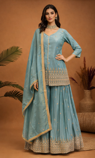 Pastel Embroidered Kurta Sharara Set