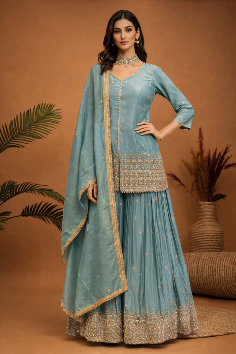 Pastel Embroidered Kurta Sharara Set