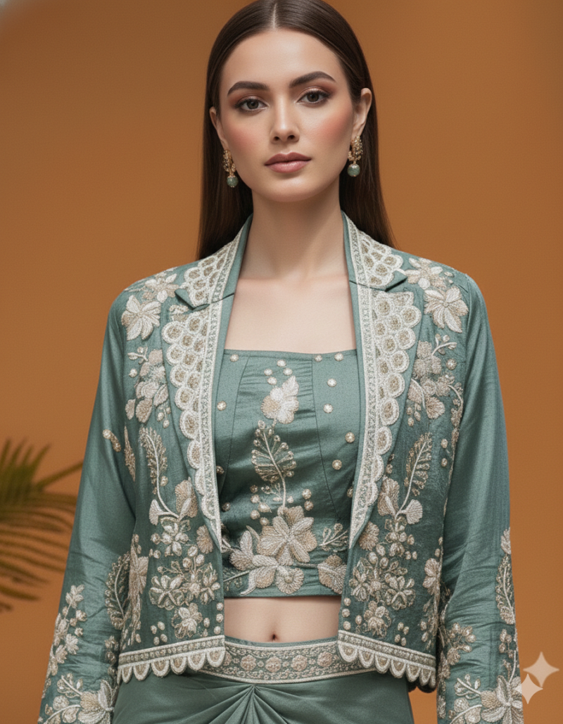 Sage Green Indo-Western Draped Skirt