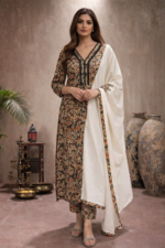 Elegant Black Kalamkari Print Cotton Suit Set