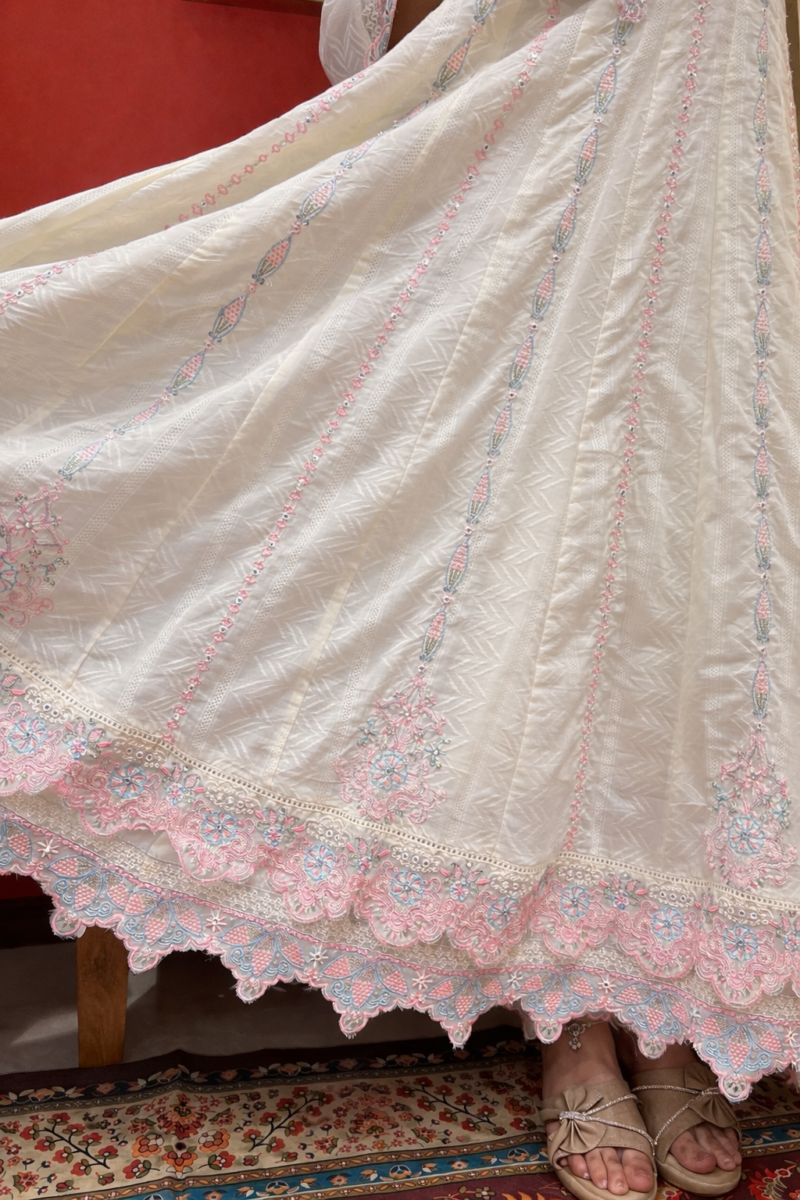 Creamy floral Anarkali suit set with dupatta