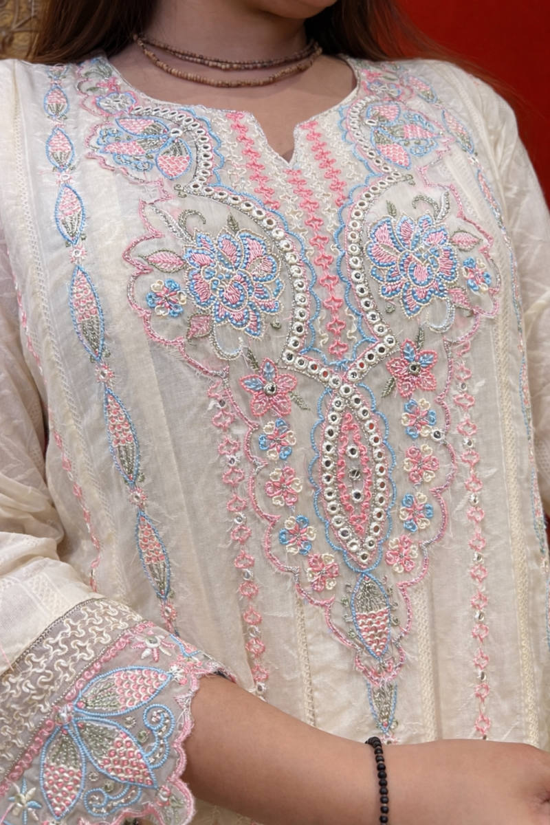 Creamy floral Anarkali suit set with dupatta