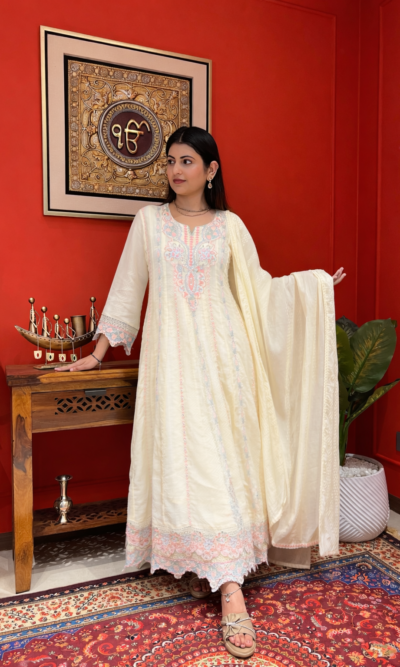 Creamy floral Anarkali suit set with dupatta