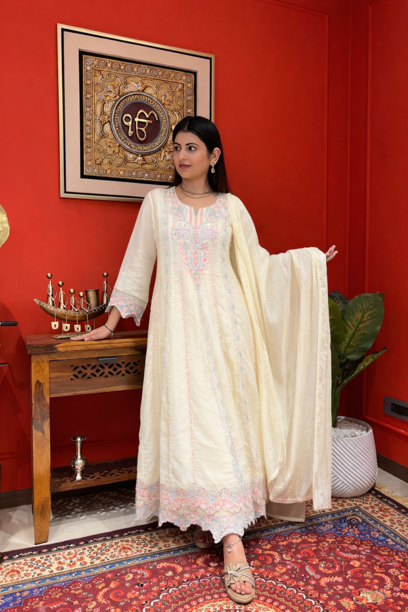 Creamy floral Anarkali suit set with dupatta