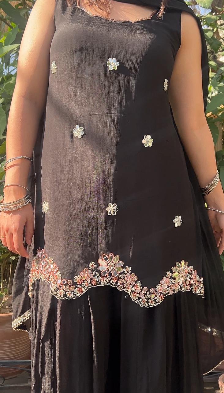 Midnight black embroidered sharara set with dupatta
