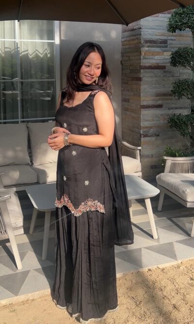 Midnight black embroidered sharara set with dupatta