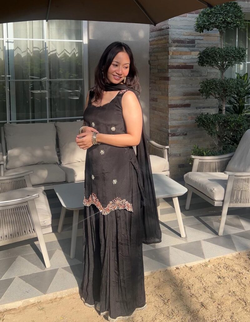 Midnight black embroidered sharara set with dupatta