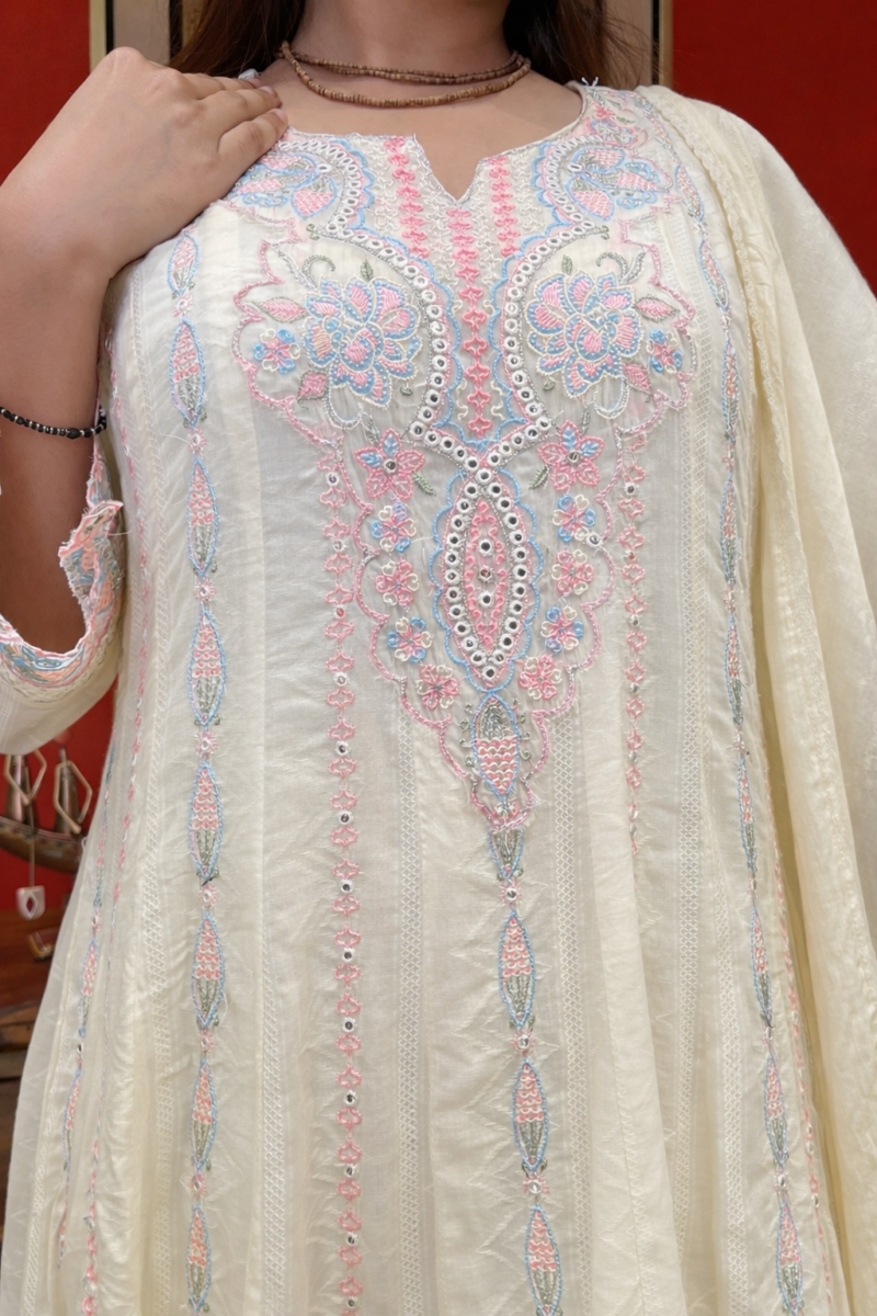 Creamy floral Anarkali suit set with dupatta