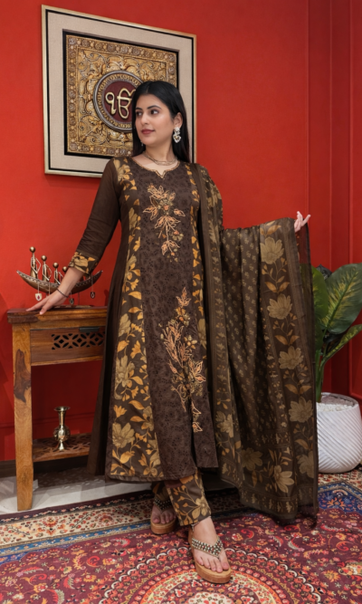 Olive elegant Anarkali suit set with dupatta