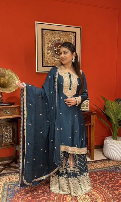 Peacock midnight blue sharara suit set