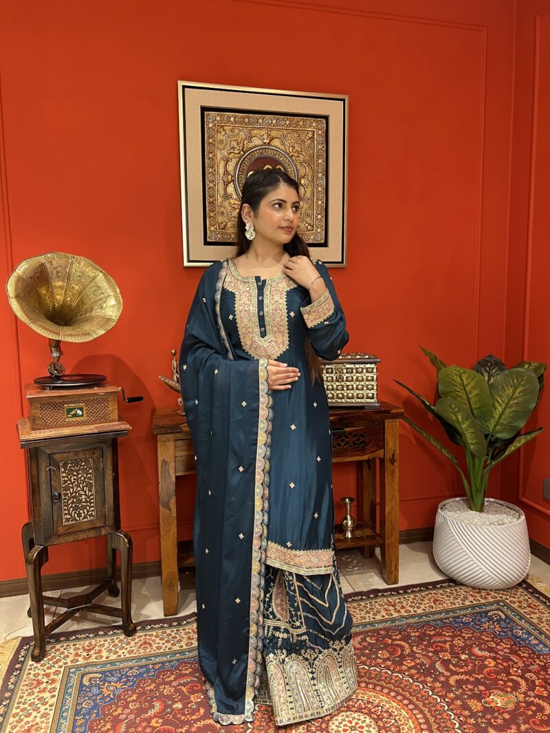 Peacock midnight blue sharara suit set