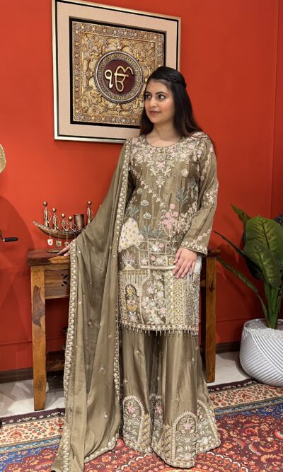 Muted olive blossom suit set with dupatta