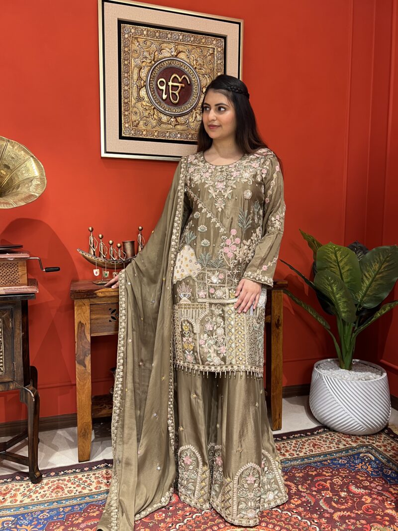 Muted olive blossom suit set with dupatta