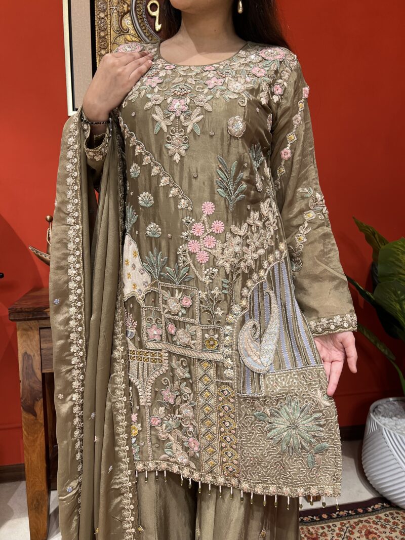 Muted olive blossom suit set with dupatta