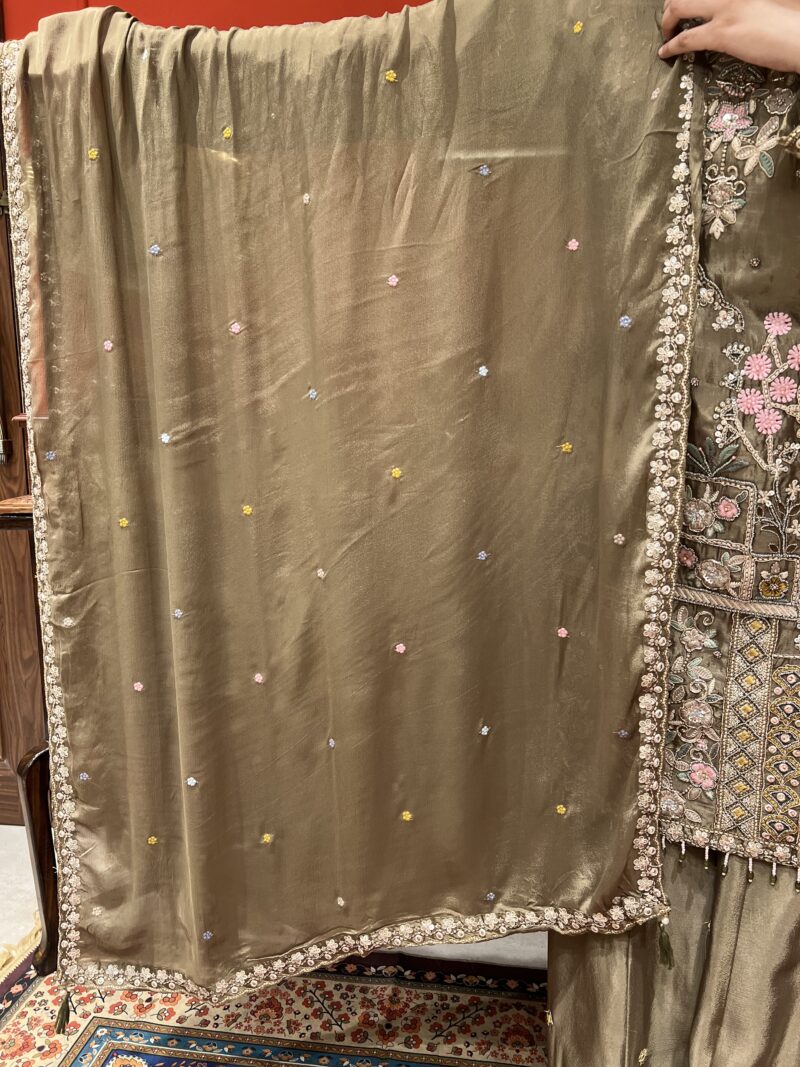 Muted olive blossom suit set with dupatta