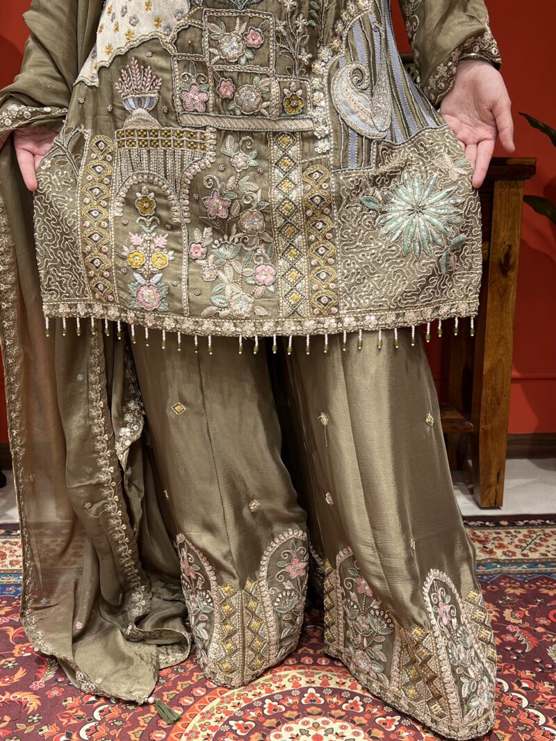 Muted olive blossom suit set with dupatta