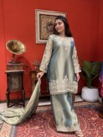 Sage green metallic suit set with dupatta
