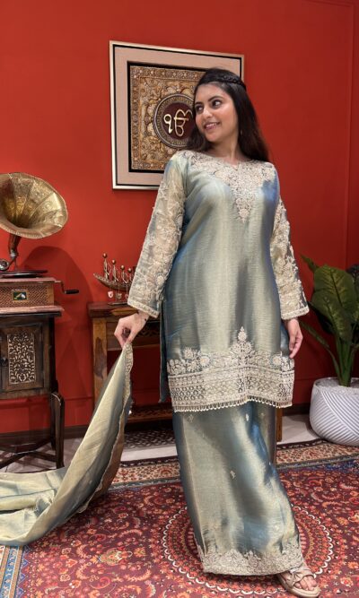 Sage green metallic suit set with dupatta