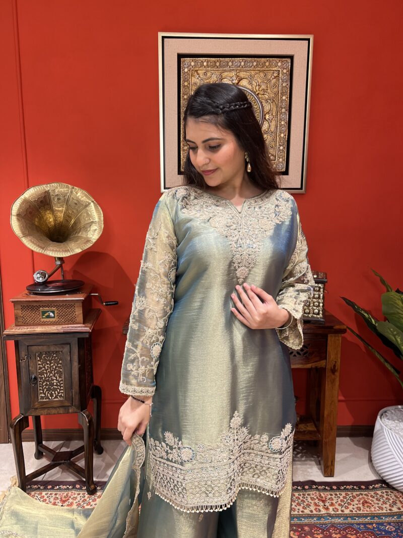 Sage green metallic suit set with dupatta