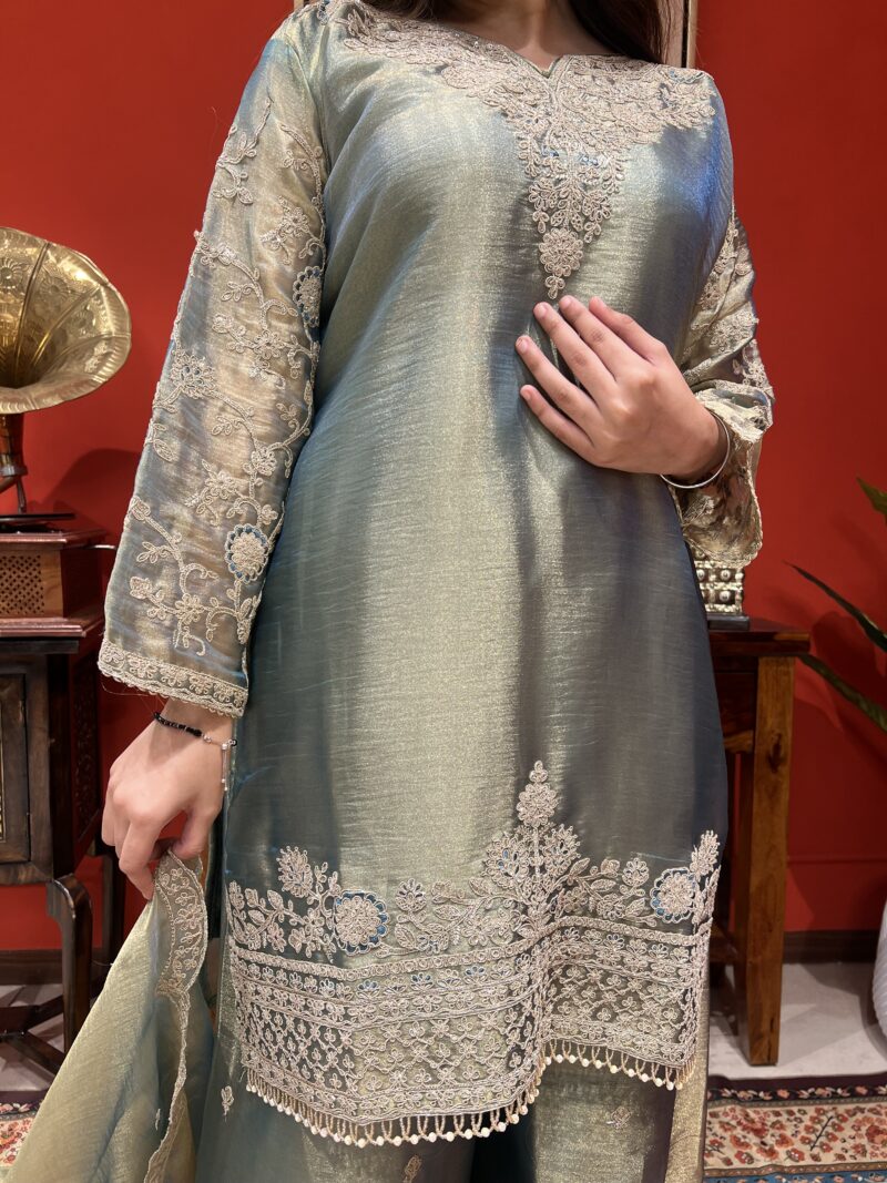Sage green metallic suit set with dupatta