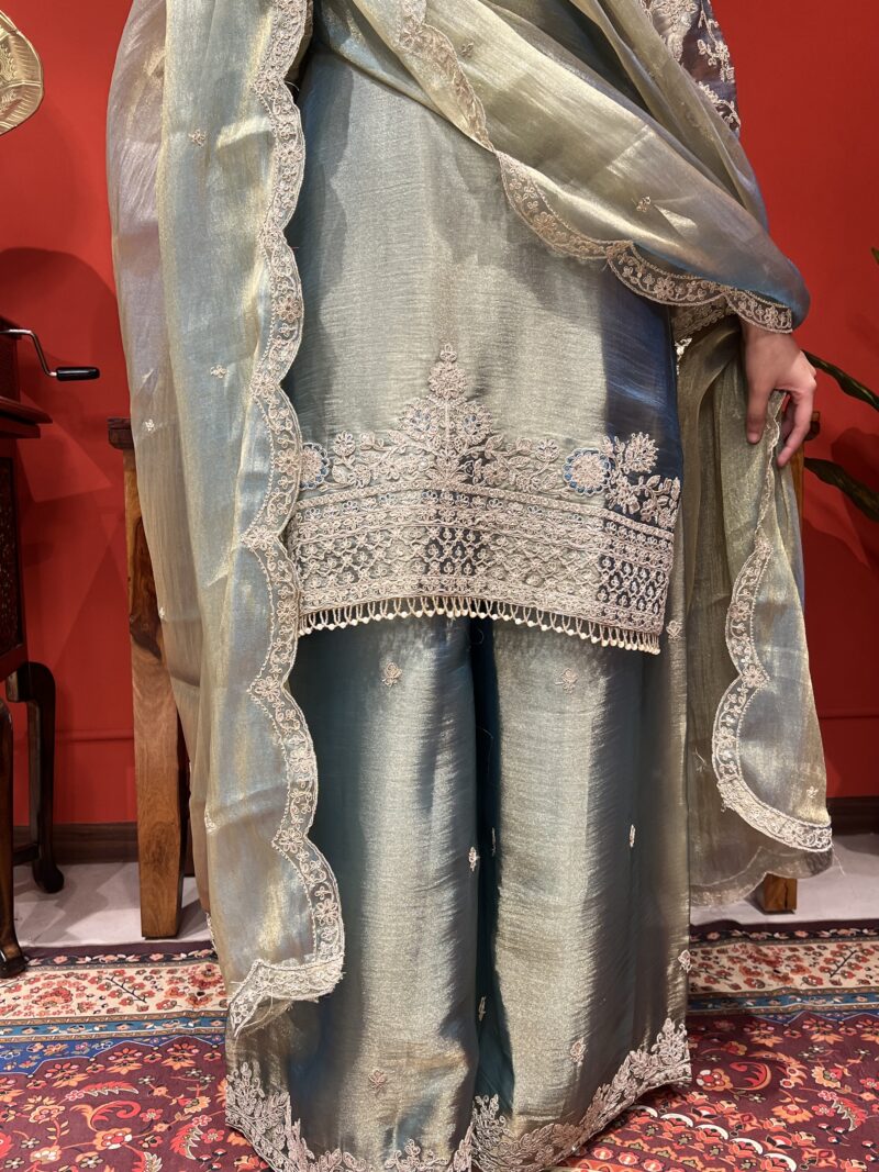 Sage green metallic suit set with dupatta