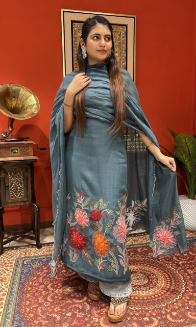 Teal bloom suit set with dupatta